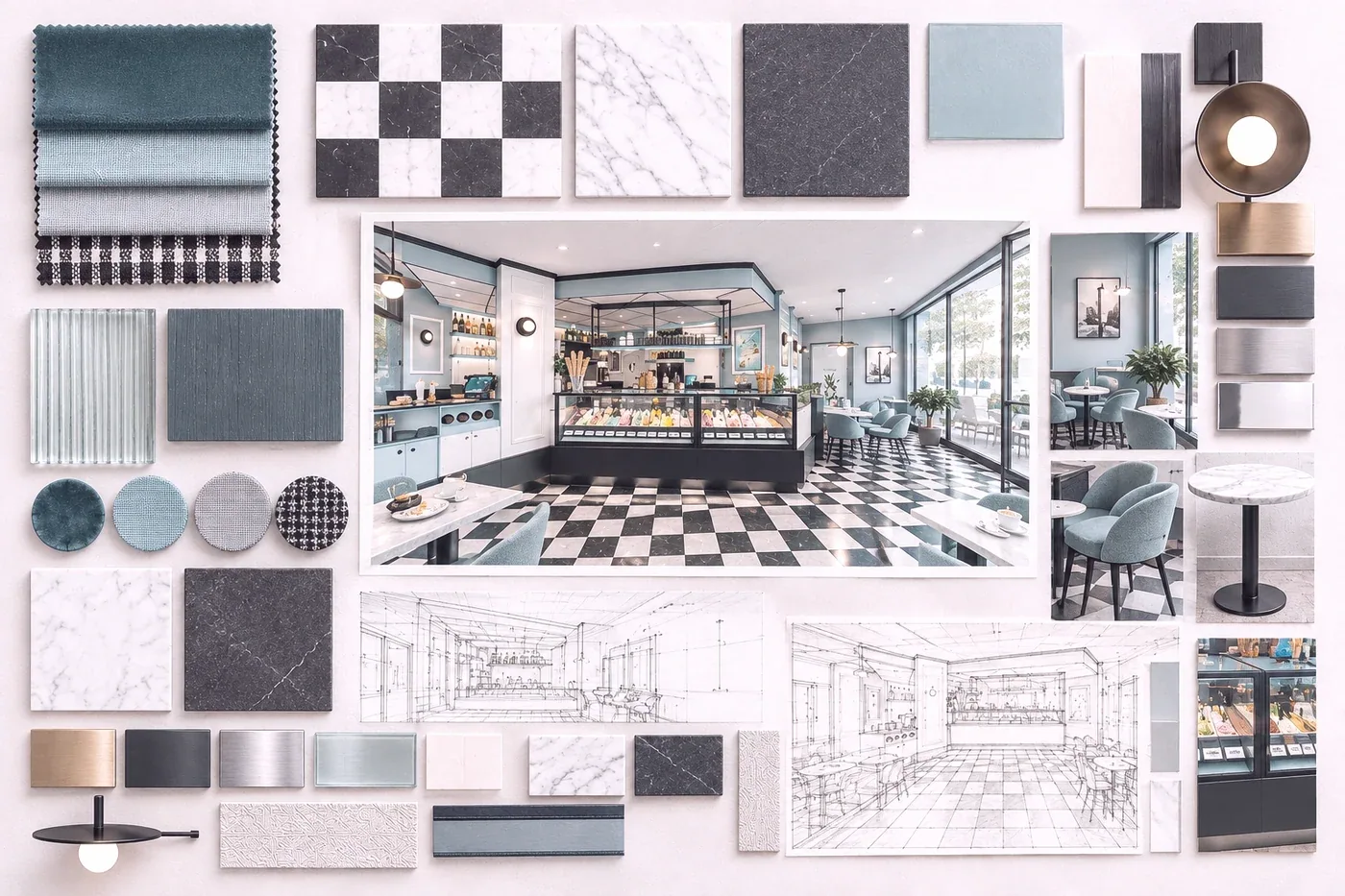 Moodboard del concept: materiali, palette cromatica e progetto della gelateria