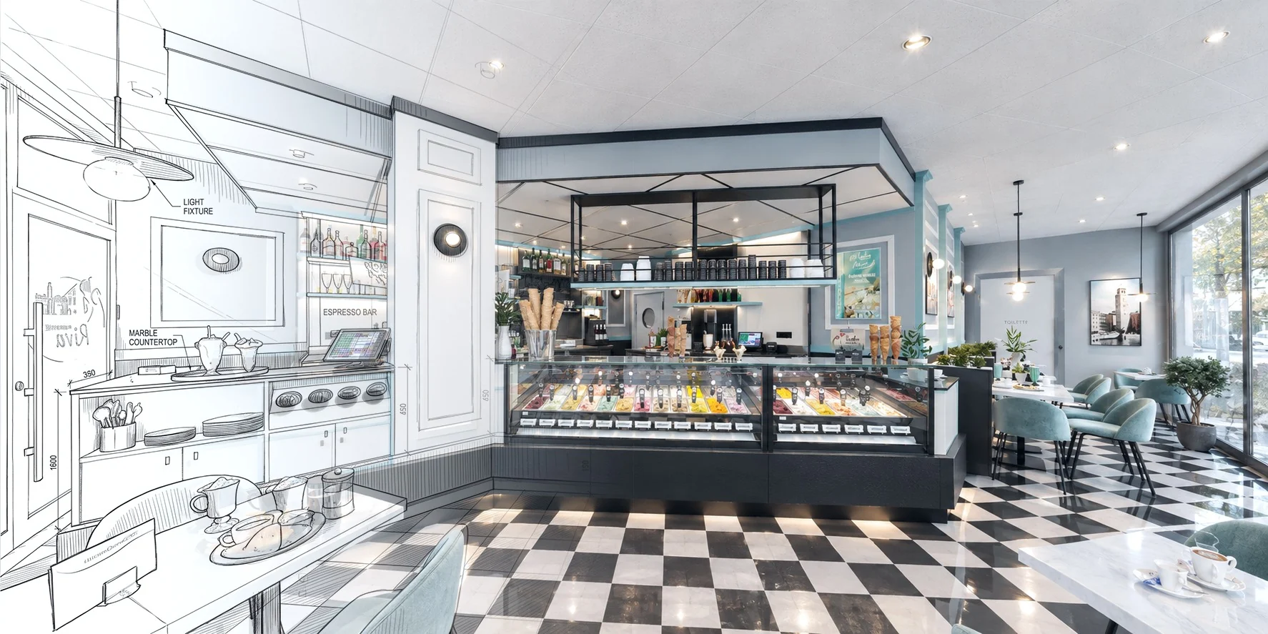 Gelateria contemporanea: dal disegno di progetto alla realizzazione degli interni